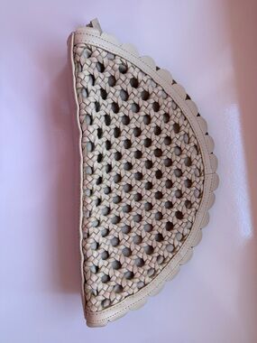 Cleobella Scalloped Leather Crescent Crossbody in Beige and Gold